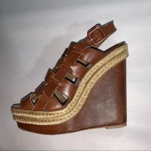 CHRISTIAN LOUBOUTIN size 37 brown calfskin GLADIATOR platform wedge heel SANDALS